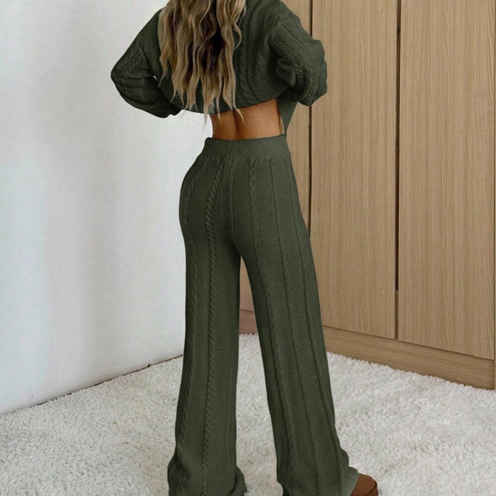 Army Green Casual Women's Crew Neck Long Sleeve Sweater And Pants Set - Picture 2 of 5